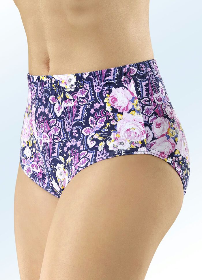 Fünferpack Slips in marine mit pink-gelb-buntem Druckdessin 
