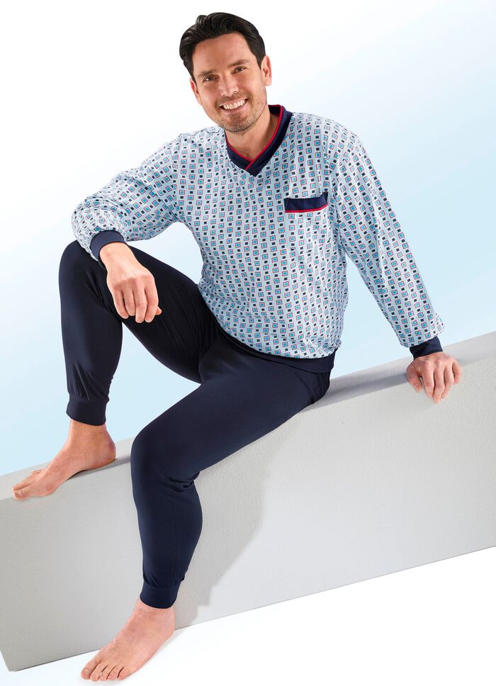 Schlafanzug mit V-Ausschnitt und B&uuml;ndchenabschl&uuml;ssen 