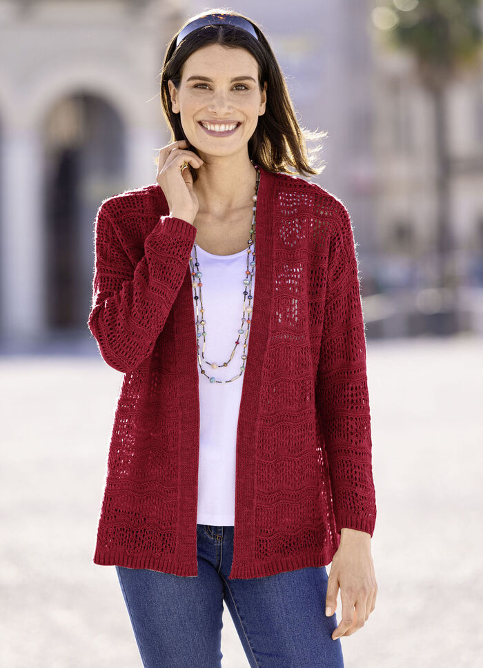 Strickjacke in feinem Netzstrick KIRSCHROT