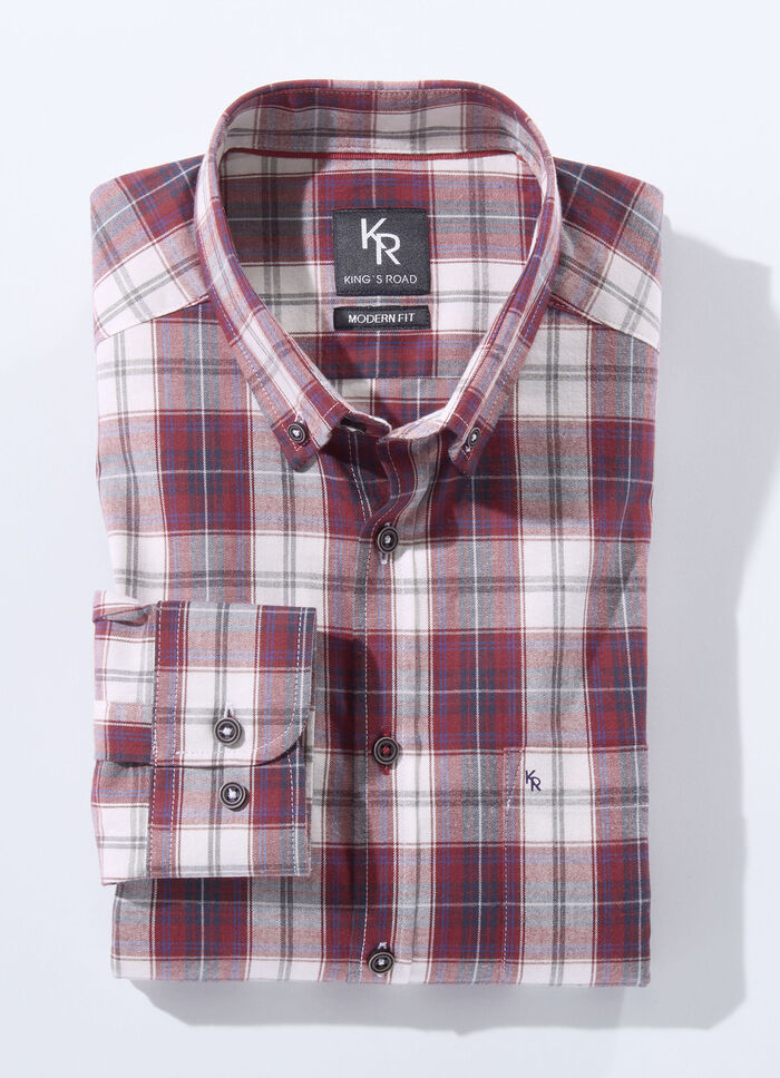 Hemd von "King's Road" mit Button-Down-Kragen in 3 Farben ROT-ECRU KARIERT