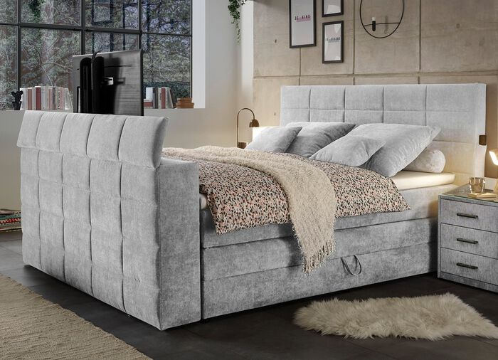 Boxspringbett mit elektrisch versenkbarer TV-Halterung HELLGRAU