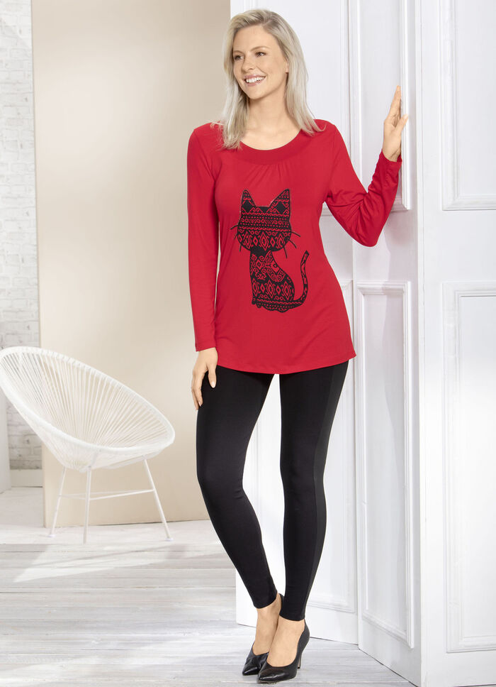 Shirt mit Katzen-Motiv in 2 Farben ROT