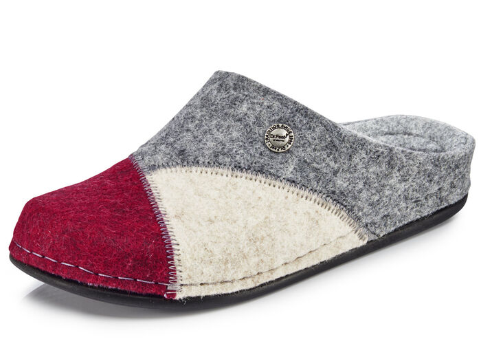 Laurina, klassische Damen-Hausschuhe, Weite H, mit anatomisch geformtem Fußbett GRANATROT-ECRU-GRAU