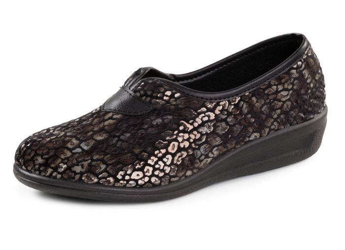 Hausschuh aus bedrucktem Samt in Leo-Muster SCHWARZ-BRONZE