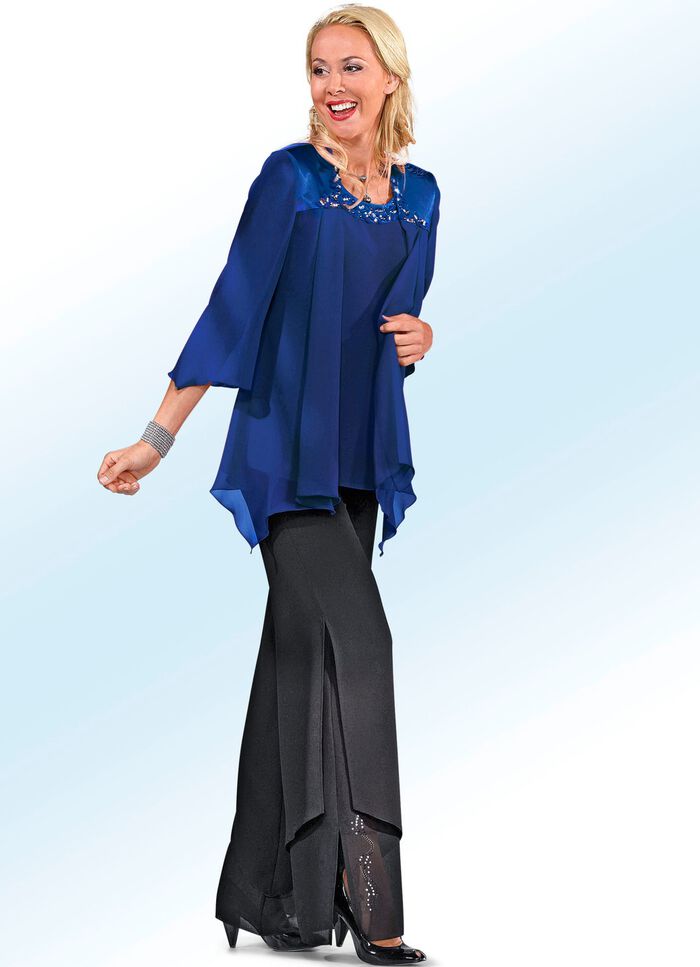 2-teiliges Blusen-Set mit gl&auml;nzendem Satin-Besatz ROYALBLAU