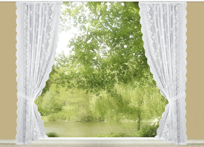 Seitenschal-Garnitur und Raffhalter mit Blüten-Dessinierung 