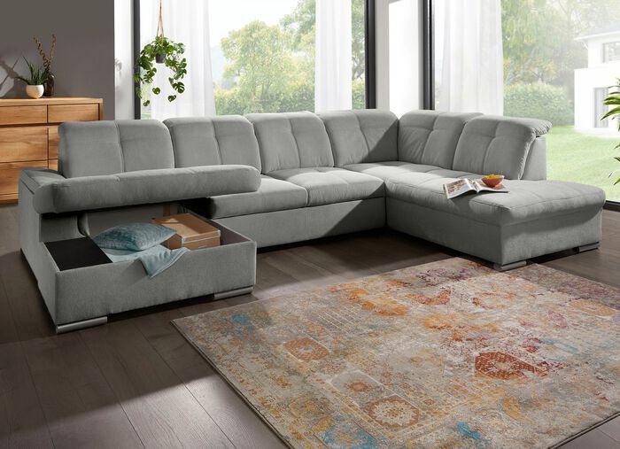 Wohnlandschaft mit Bettfunktion und Bettkasten GRAU