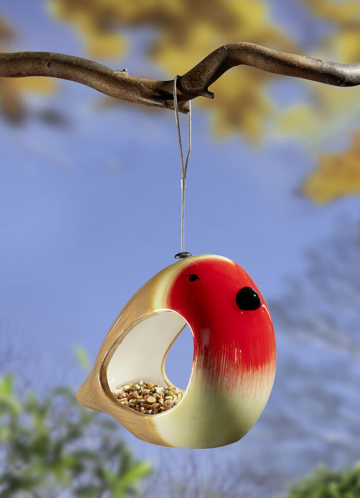 Handbemalte Futterstelle Vogel aus Keramik ROT