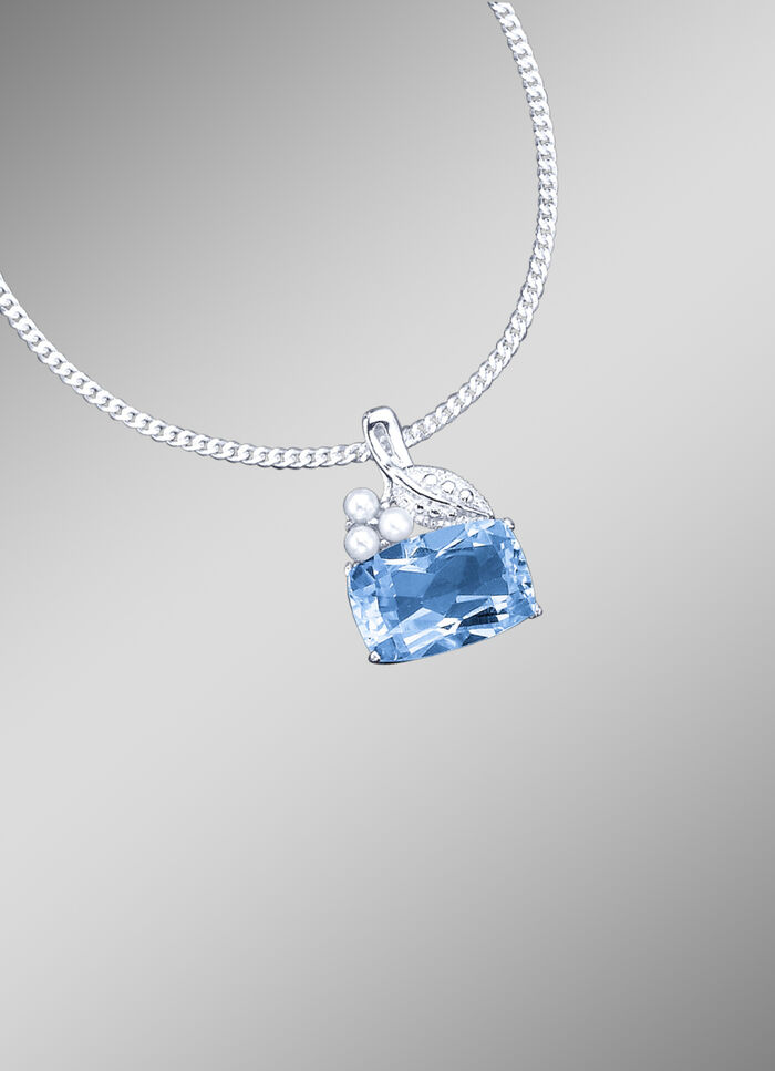 Anhänger mit Panzerkette, echt Blautopas und Süßwasser-Zuchtperlen 