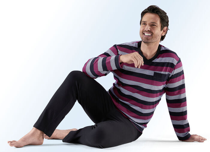 Zweierpack Schlafanz&uuml;ge mit V-Ausschnitt, Brusttasche, garngef&auml;rbtem Ringel 