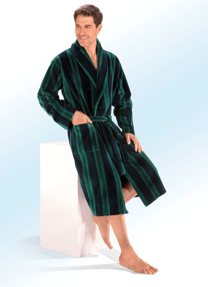 Doubleface-Bademantel mit Schalkragen MARINE-GR&Uuml;N