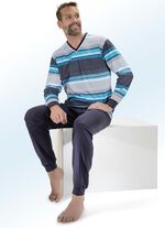 Schlafanzug mit Ringeldessin, V-Ausschnitt und Brusttasche GRAU-TÜRKISBLAU-WEISS