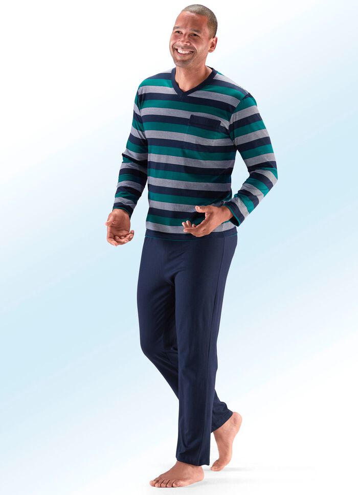 Zweierpack Schlafanz&uuml;ge mit V-Ausschnitt, Brusttasche, garngef&auml;rbtem Ringel 