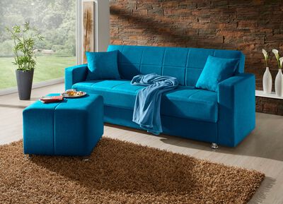 Klick-Klack-Sofa mit Hocker und Dekokissen 