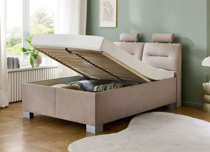 Polsterbett mit Einbaulattenrost und Bettkasten CREME