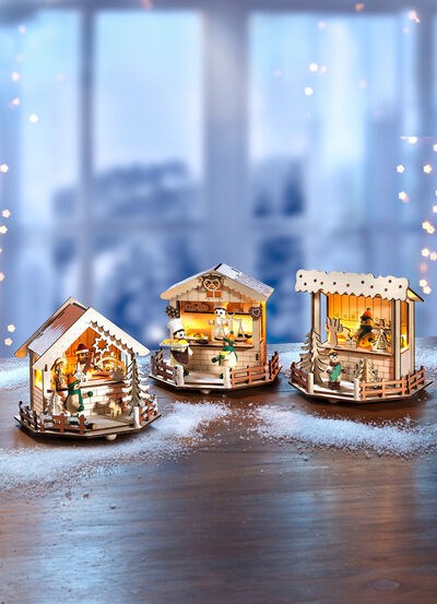 Weihnachtsmarktstand aus Holz mit LED-Beleuchtung 