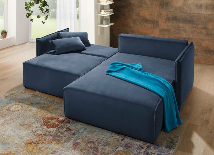Polsterecke mit Bettfunktion und Hocker BLAU