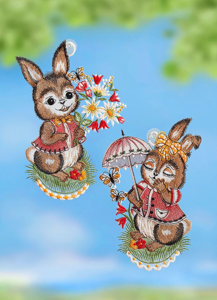 Fensterbild Hasenp&auml;rchen, 2er-Set, aus Plauener Spitze 