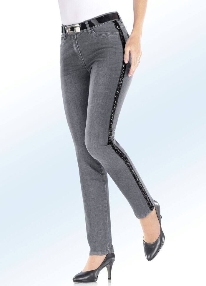 Edel-Jeans mit trendigem Pailletten-Zierband GRAU