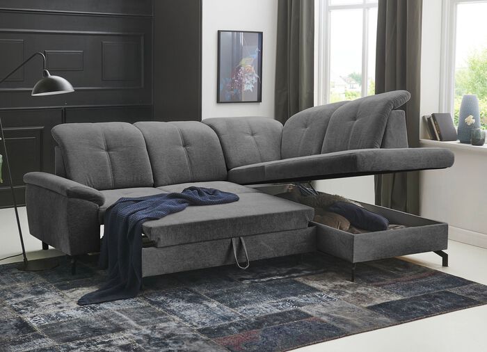 Moderne Polsterecke mit Bettfunktion und Bettkasten ANTHRAZIT