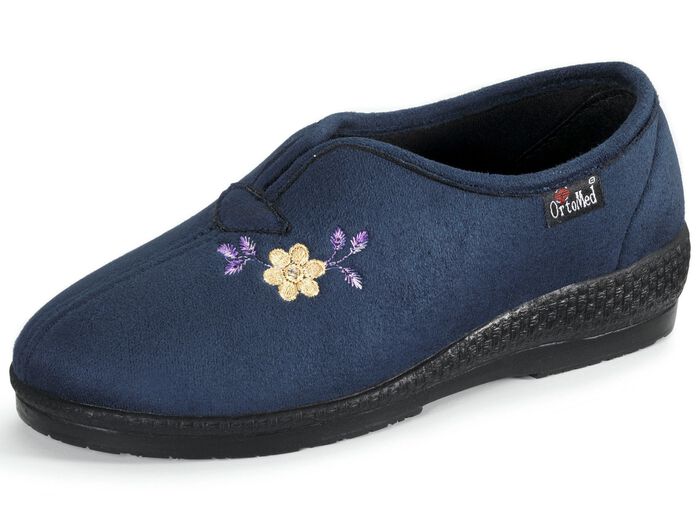 Klassische Damen-Hausschuhe, Weite H, mit Stickerei MARINE