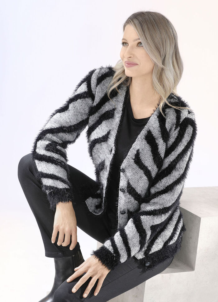 Strickjacke mit haarigem Effektgarn GRAU MELIERT-SCHWARZ