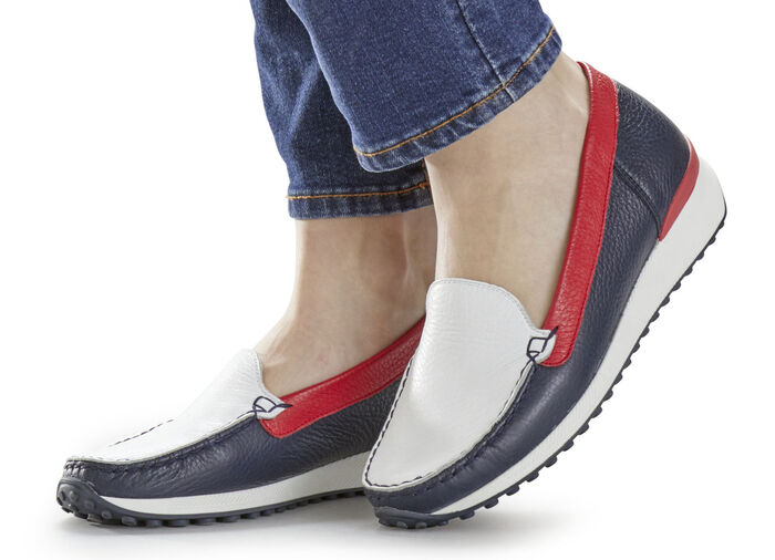 Waldläufer, klassische Damen-Slipper, Weite H, mit herausnehmbarem Fußbett BLAU-WEISS-ROT