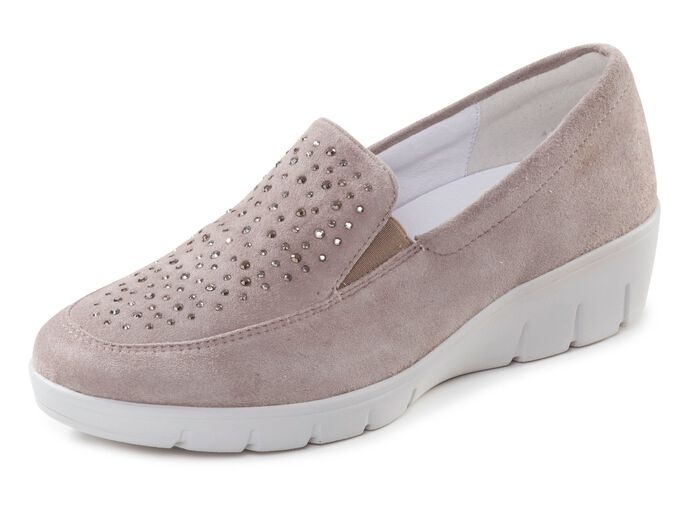 ELENA EDEN, bequeme Damen-Slipper, Weite H, mit herausnehmbarem Fu&szlig;bett TAUPE