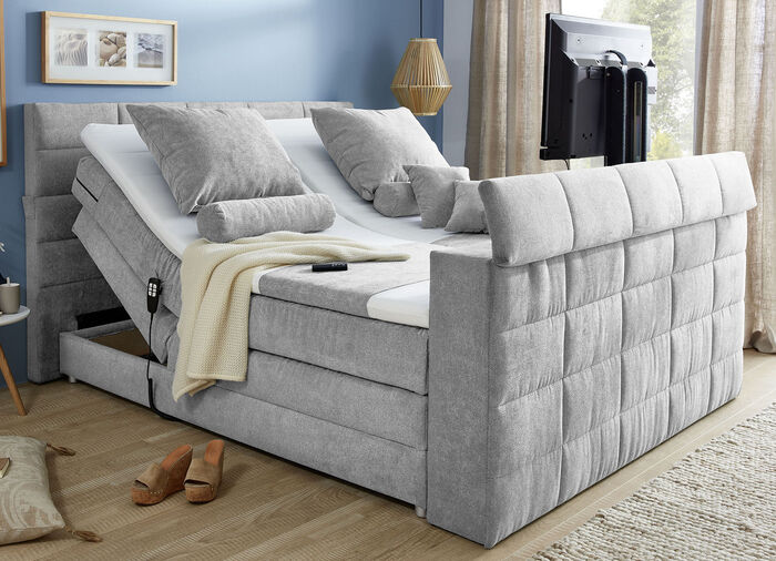 Boxspringbett mit elektrisch versenkbarer TV-Halterung HELLGRAU