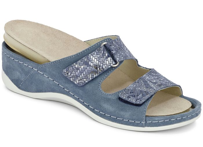 Mubb, bequeme Damen-Pantoletten, Weite H, mit herausnehmbarem Fußbett JEANSBLAU