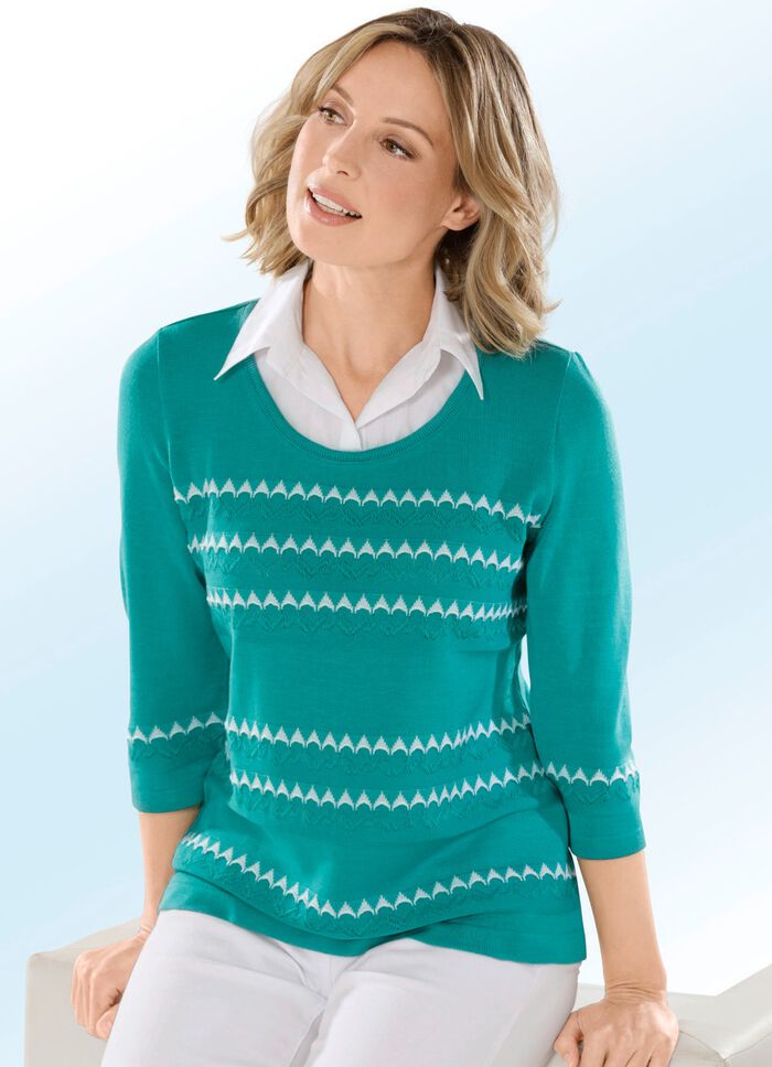 Blusenpullover in Materialmix MALACHIT-WEISS
