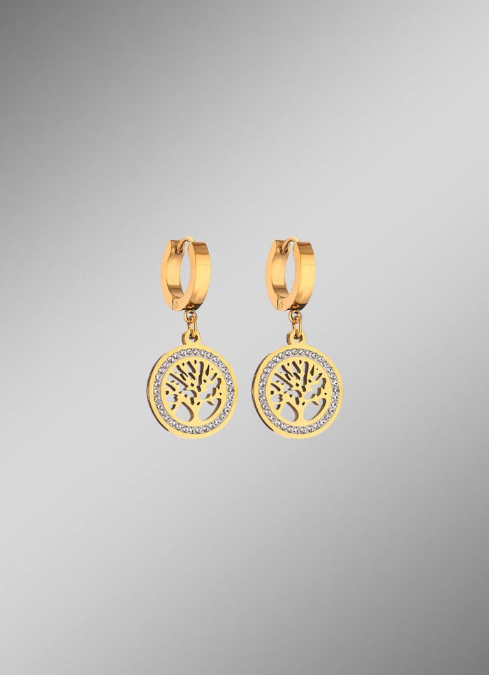 Lebensbaum-Klappcreolen aus Edelstahl mit Kristallen 