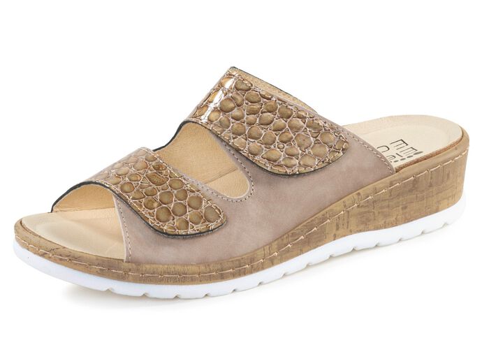 ELENA EDEN, bequeme Damen-Pantoletten, Weite H, mit herausnehmbarem Fu&szlig;bett TAUPE