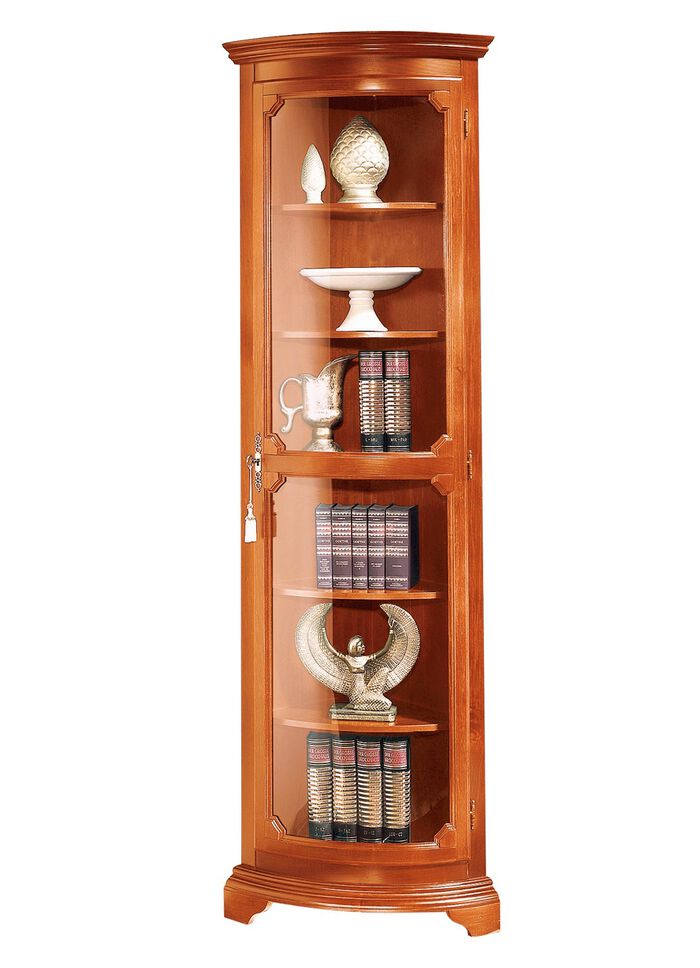 Teilmassive Eckvitrine mit gebogenen Glast&uuml;ren mit Schloss KIRSCHBAUM