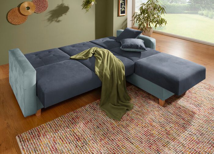 Polsterecke mit Bettfunktion und 2 Dekokissem HELLBLAU-DUNKELBLAU