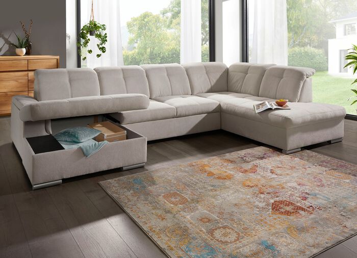 Wohnlandschaft mit Bettfunktion und Bettkasten CREME