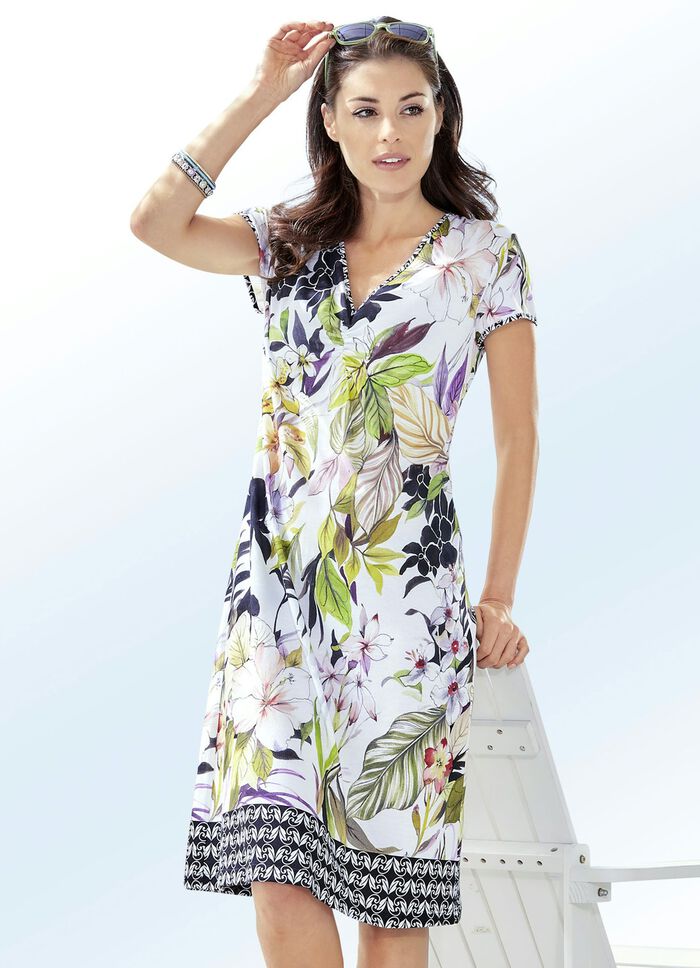 Kleid mit kurzen Ärmeln, Raffungen und Inkjet-Druckdessin 