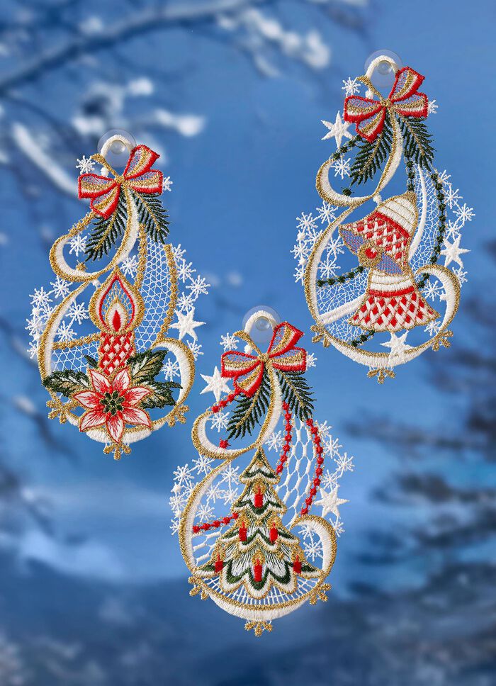 Fensterbild, 3er-Set, Glocke, Baum, Kerze 