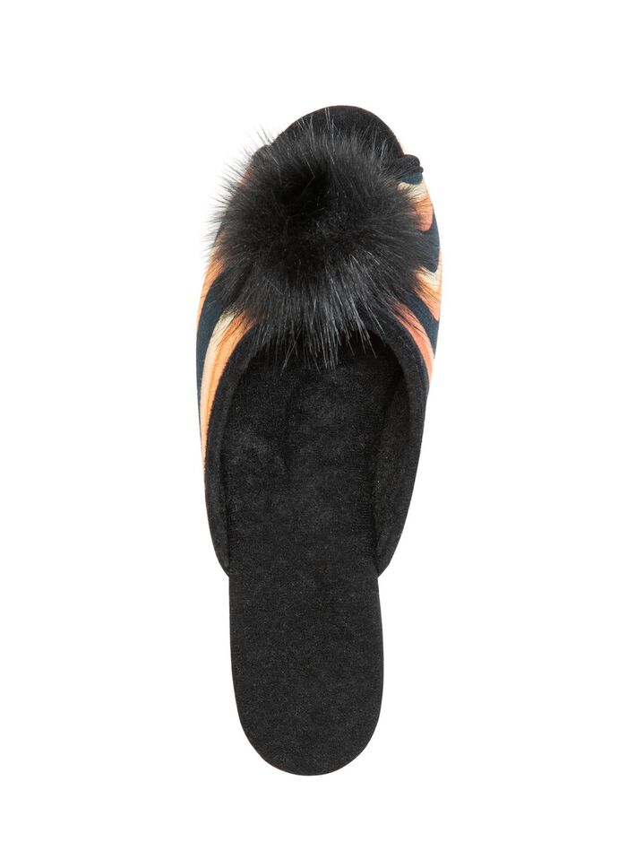 ELENA EDEN, schicke Damen-Pantoletten, Weite G, mit Kunstfellpompon BRAUN-SCHWARZ
