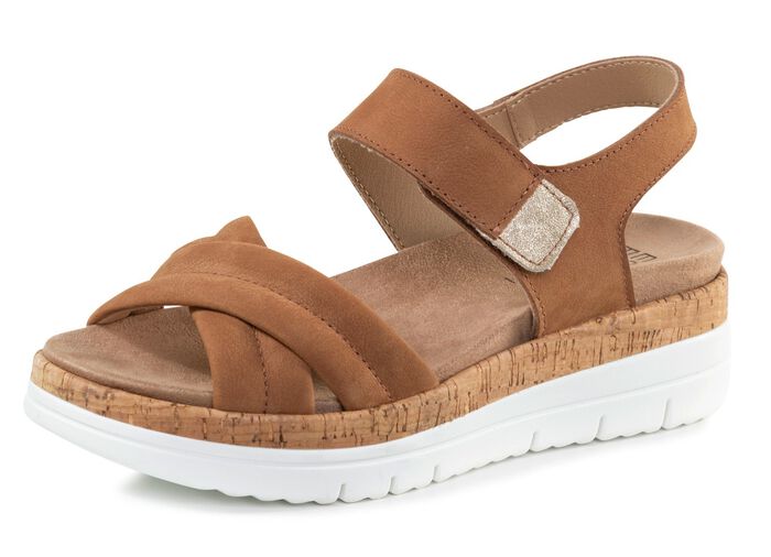 ELENA EDEN, bequeme Damen-Sandalen, Weite H, mit herausnehmbarem Fu&szlig;bett COGNAC