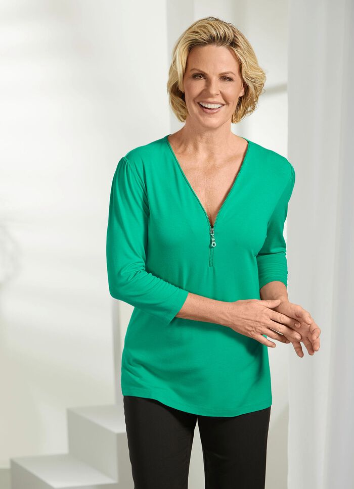 Shirt mit Rei&szlig;verschluss am V-Ausschnitt in 3 Farben GR&Uuml;N