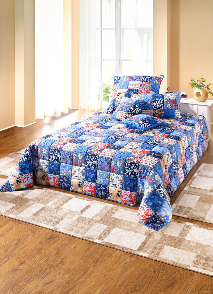 Tagesdecken und Kissenbez&uuml;ge in Patchwork-Optik aus Baumwolle BLAU