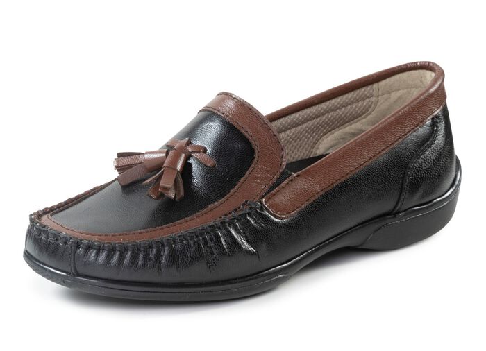 ELENA EDEN, klassische Damen-Slipper, mit herausnehmbarem Fu&szlig;bett SCHWARZ-BRAUN