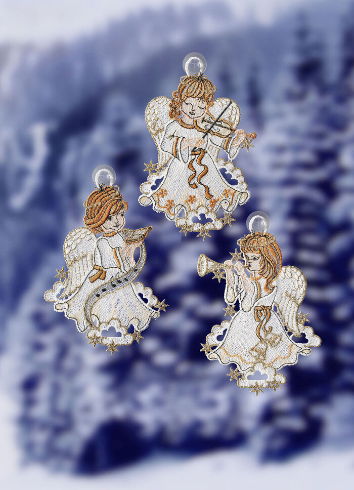 Fensterbild-Set aus echter Plauener Spitze, 3-teilig 