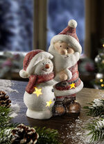 Beleuchteter Weihnachts- und Schneemann aus Keramik 