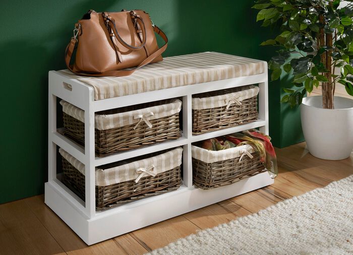 Sitzbank aus massivem Holz mit Weidenk&ouml;rben 