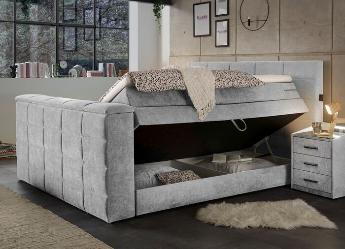 Boxspringbett mit elektrisch versenkbarer TV-Halterung HELLGRAU