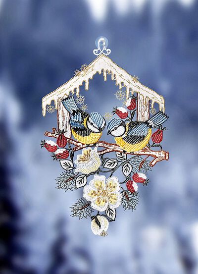 Fensterbild Meisen aus Plauener Spitze 