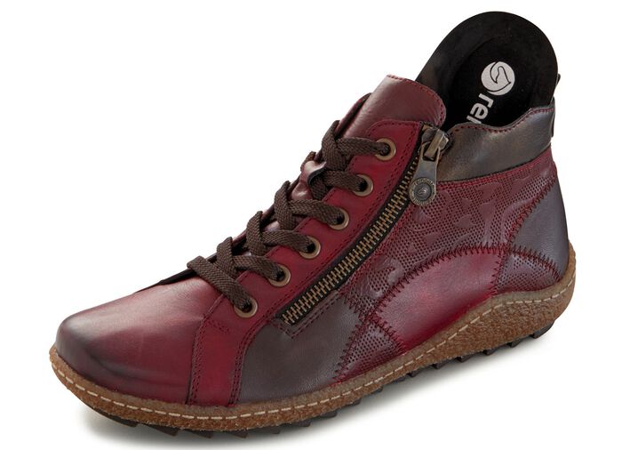 Schn&uuml;r-Stiefelette in 3 Farben mit herausnehmbarem Fu&szlig;bett WEINROT-MOKKA