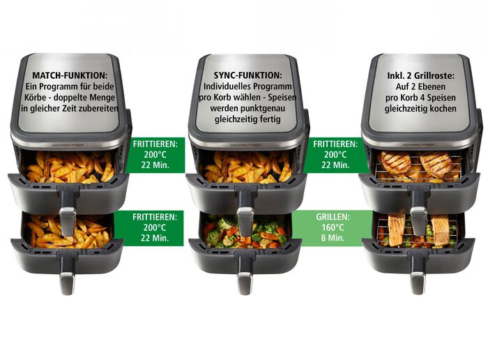 Digitale Doppelkammer-Hei&szlig;luftfritteuse &bdquo;FryUP&ldquo; GRAU